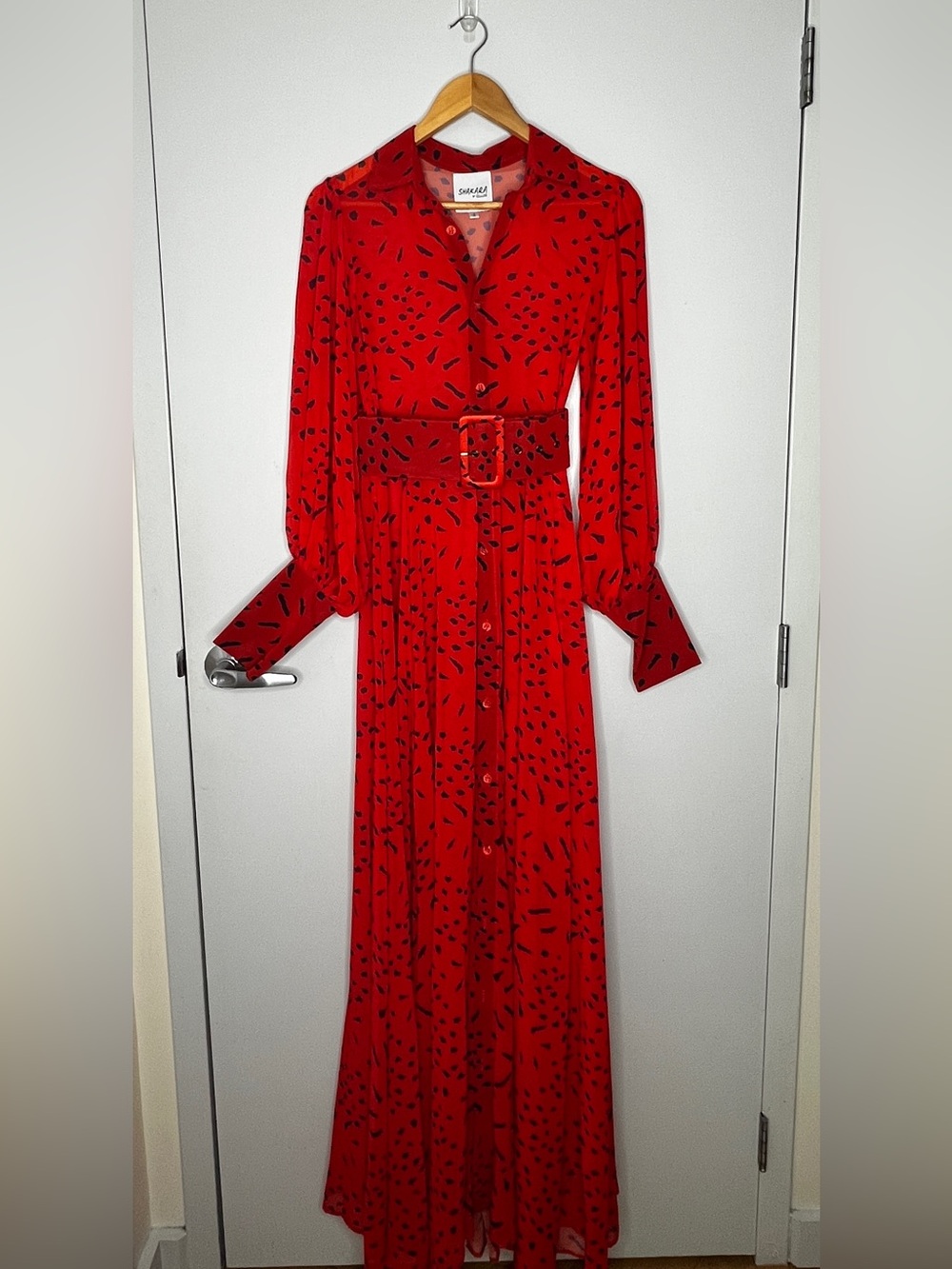 OFUURË Shakara Red Black Print Belted Maxi Shirt Dress S